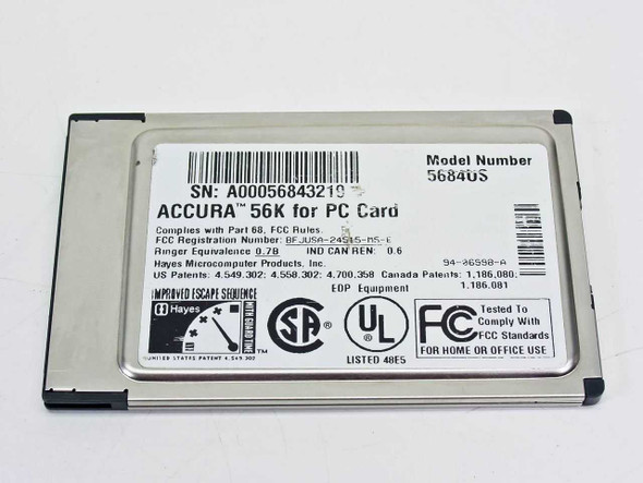 Hayes Accura 56840S PCMCIA modem – rear label showing model number, FCC registration, serial number, and UL/FCC compliance markings
