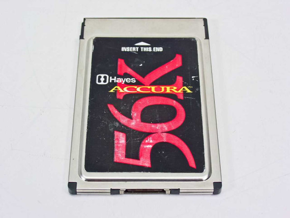 Hayes Accura 56K PCMCIA PC Card modem 56840S – front face showing Hayes Accura branding and 56K logo