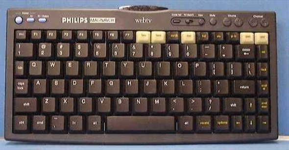 Philips Magnavox MWK122BK wireless infrared WebTV keyboard — top-down view showing full QWERTY layout, WebTV shortcut keys, and Philips Magnavox branding