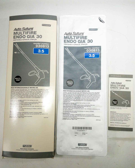 Auto Suture Multifire Endo GIA 30 surgical stapler 030813 — original outer packaging and inner foil pouch shown side by side, reorder number 030813 and 3.5mm staple size label visible