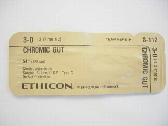 Ethicon S-112 Chromic Gut Absorbable Suture 3-0 sealed foil packet front label showing size and specifications