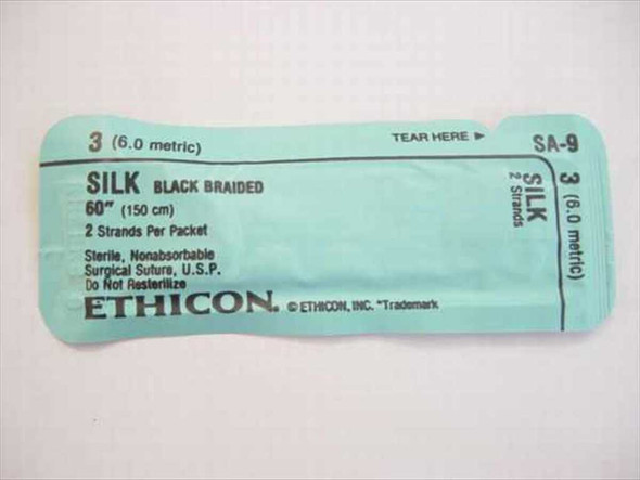 Ethicon SA-9 Silk Black Braided Non-Absorbable Suture packet — front label showing size 3 (6.0 metric), 60 in (150 cm), 2 strands per packet, sterile