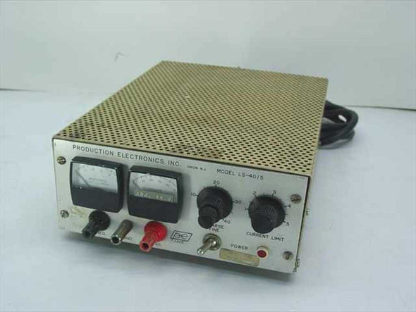 Production Electronics LS-40/5 DC power supply – front panel view showing analog volt and ammeter, output binding posts, current limit knob, and power switch