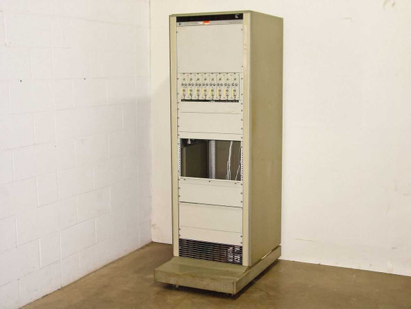 HP 7418A full-height rack cabinet chart recorder system – right-angle front/side view showing full enclosure with plug-in modules installed