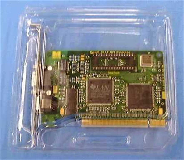 Madge 151-100-04S Smart 16/4 Ringnode PCI Token Ring network card — top view showing Texas Instruments main controller chip and PCI edge connector, card in clear anti-static clamshell tray