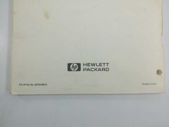 HP 8750A Storage-Normalizer Operating Information Manual back cover — showing HP Part No. 08750-90016 and Printed in U.S.A. notation