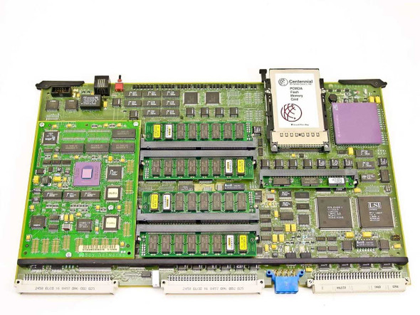 Bay Networks P119298-AR12 BLN-2 router processor board – top component side showing memory modules, chips, and installed Centennial PCMCIA flash card