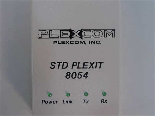 Plexcom STD Plexit 8054 transceiver – front face close-up showing model name, Plexcom Inc. logo, and four LED indicators