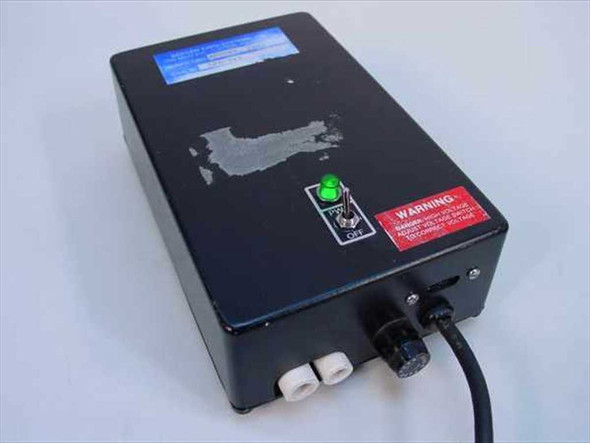 Bergen Expo Systems 24367 power supply – front and top view showing power switch, green LED indicator, warning label, and dual output connectors