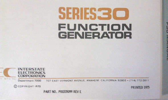 Interstate Electronics Corporation Series 30 Function Generator title page showing Part No. P00335099 Rev E, copyright 1973, printed 1975