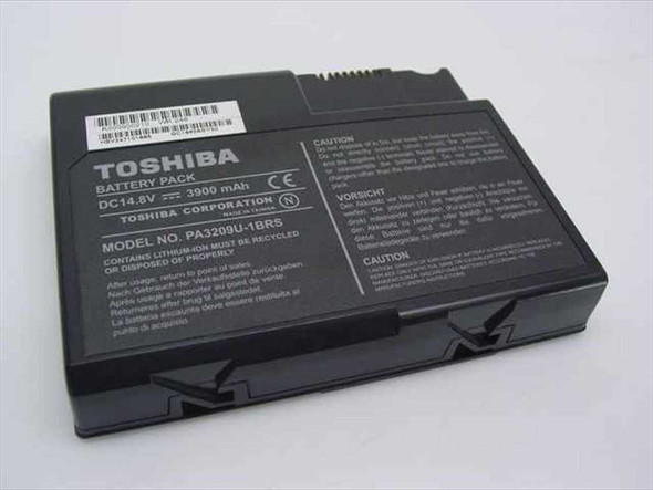 Toshiba PA3209U-1BRS Battery Pack top view showing model label, 14.8V 3900mAh rating, and CE mark