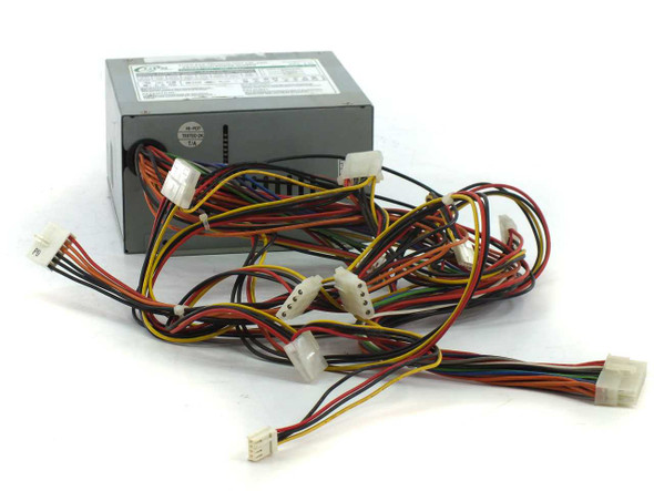 General Power Systems GP-S320 320W ATX power supply – three-quarter rear view showing full output wiring harness with Molex and auxiliary connectors