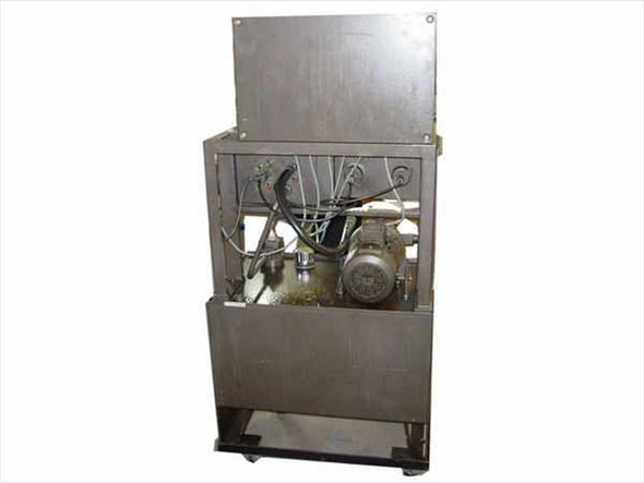 Rexroth Fibro UFMS Hydraulic Supply Unit — rear view with access panel open, exposing hydraulic pump motor, wiring harness, and reservoir tank on casters