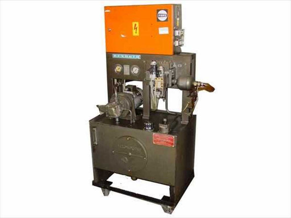 Rexroth Fibro UFMS Hydraulic Supply Unit with orange controller cabinet — full front view showing hydraulic reservoir base, pump assembly, and orange high-voltage controller enclosure on top