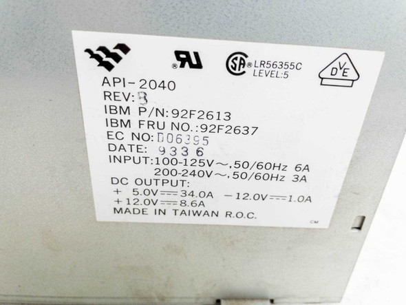 IBM API-2040 specification label showing FRU 92F2637, P/N 92F2613, Rev B, 100-240V input, DC output ratings
