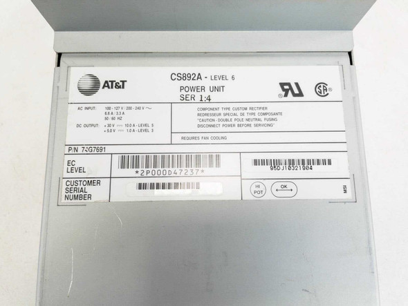 AT&T CS892A Level 6 Power Unit 76G7691 — label detail showing AC input 100-240V, DC output specs, P/N 76G7691, SER 1:4, UL and CSA certifications