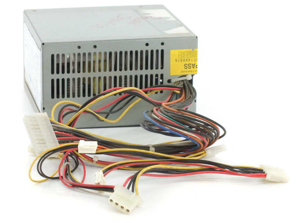 Moyetec MPA-300A 300W ATX power supply – top/side view showing ventilation slots, QA PASS label, and full output cable harness with Molex and ATX connectors
