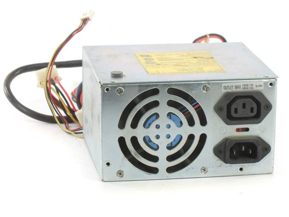 Lite-On PA-4181-2 180W AT power supply – front/side view showing dual IEC C13 outlets, cooling fan, and output wire harness