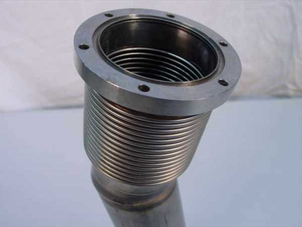 MDC Manufacturing flex angle bellows vacuum fitting – top-down view into upper conflat flange opening showing corrugated stainless steel bellows