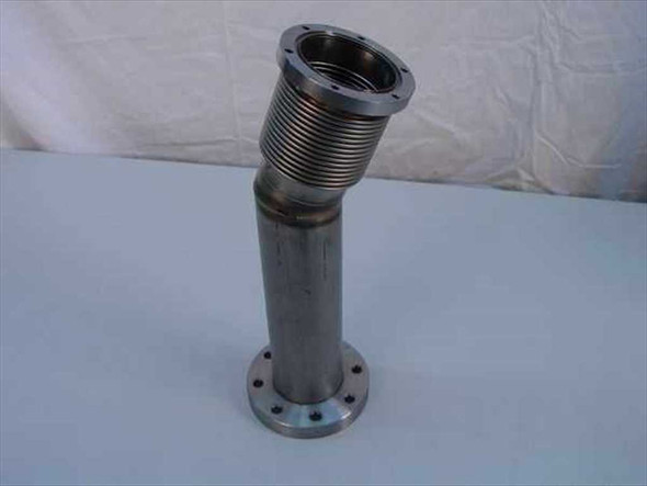 MDC Manufacturing stainless steel flex angle bellows vacuum fitting – full side view showing angled bellows section and large conflat-style base flange