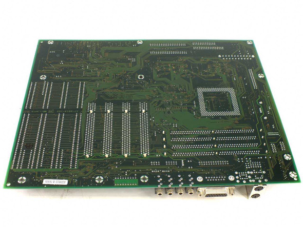 Micron M55Hi-Plus Socket 7 motherboard 09-00273-26 — bottom/solder-side view showing PCB traces and rear I/O port area with DB-15 and serial connectors