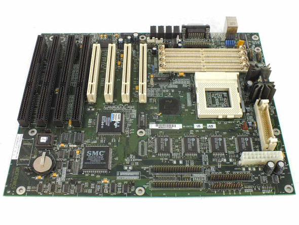 Micron M55Hi-Plus Socket 7 motherboard 09-00273-26 — top view showing Socket 7 CPU socket, ISA and PCI expansion slots, SIMM memory slots, and SMC I/O chip
