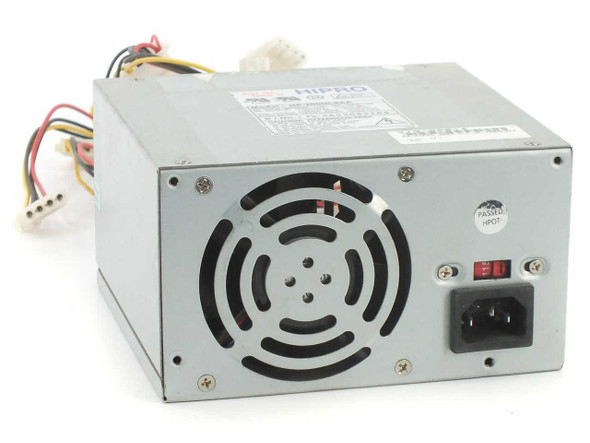Hipro HP-200NLXAA 200W ATX power supply – rear view showing IEC power inlet, on/off switch, and fan grille