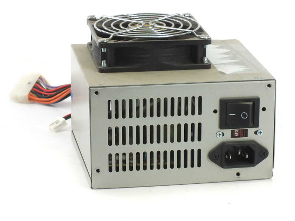 Power Man HP-230-ATX 230W ATX power supply – rear panel view showing IEC AC inlet, rocker on/off switch, and top-mounted external cooling fan