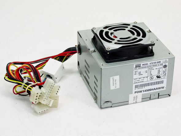 Astec ATX145-3485 145W ATX power supply – front-left three-quarter view showing housing, fan, and full connector harness