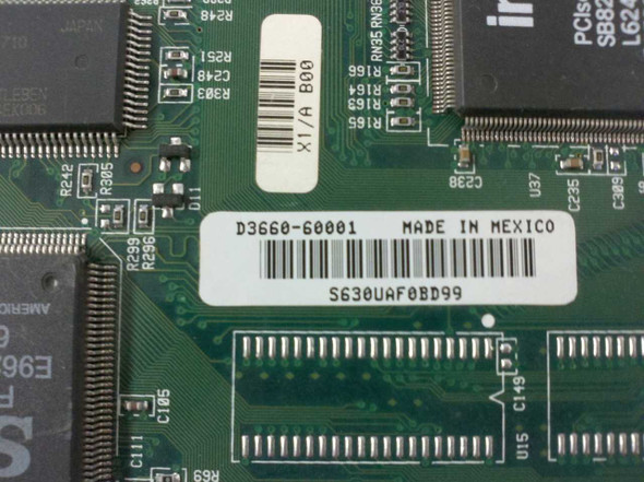 HP D3660-60001 label close-up showing part number, Made in Mexico marking, serial number barcode, and revision label X1/A B00