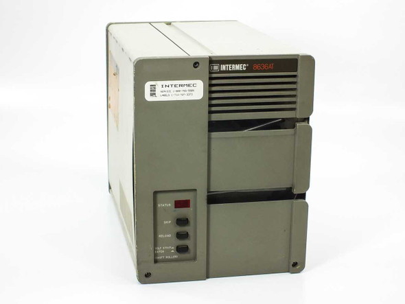 Intermec 8636AT thermal label printer – front and right-side view showing STATUS LED and control buttons