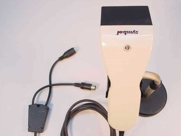 Symbol LT-1880-I100A handheld barcode scanner body showing Symbol Technologies logo, trigger, and PS/2 Y-cable with inline decoder module