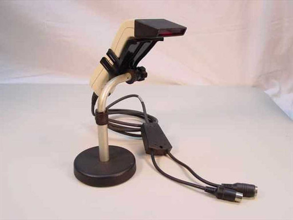 Symbol LT-1880-I100A laser barcode scanner mounted on Lasertouch hands-free stand with PS/2 cable and inline adapter — full assembly side view