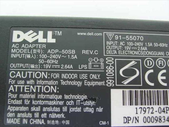 Dell ADP-50SB label showing model, Rev C, 100-240V input, 19V 2.64A output, Delta Electronics, made in China