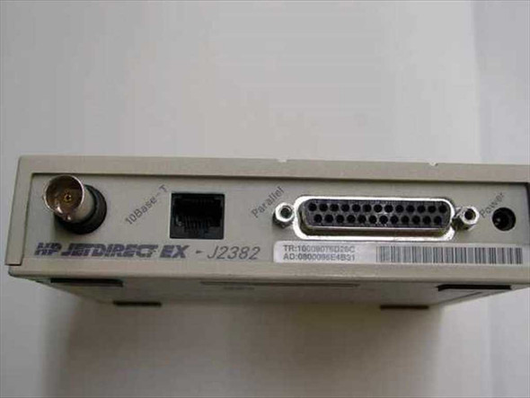 HP JetDirect EX J2382B rear panel showing BNC port, RJ-45 10Base-T port, DB-25 parallel port, and power connector