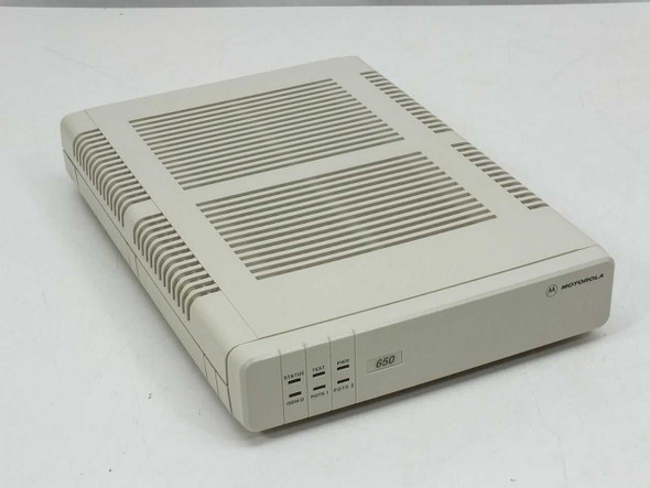 Motorola 650 ISDN modem front panel showing STATUS, TEST, PWR, ISDN-D, POTS 1, and POTS 2 indicator LEDs