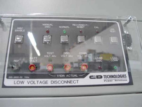 C&D Technologies Low Voltage Disconnect (LVD) module front panel with DISC ENABLE, MANUAL DISC, NORMAL, RECONNECT/INHIBIT, CAL, and LED TEST controls