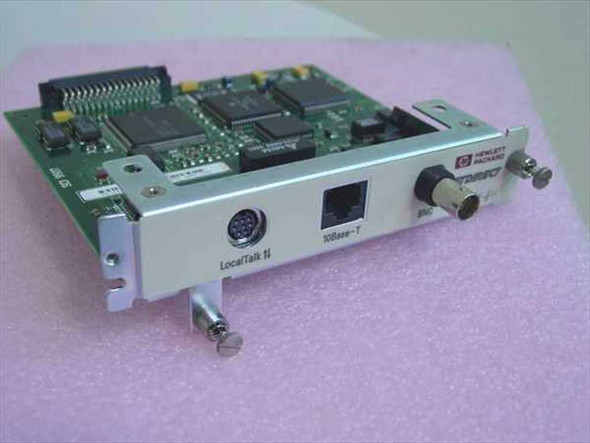 HP J2553-60001 JetDirect print server card front bracket view showing LocalTalk Mini-DIN, 10Base-T RJ45, and BNC connectors