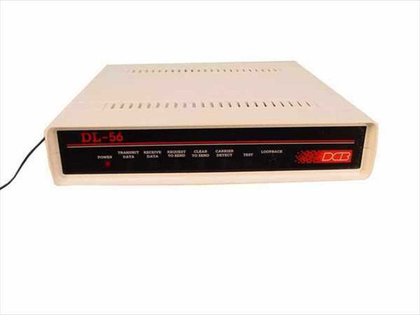 Data Comm for Business DL-56 56Kbps external DDS modem – front panel view showing LED indicators for Power, Transmit Data, Receive Data, Request to Send, Clear to Send, Carrier Detect, Test, and Loopback