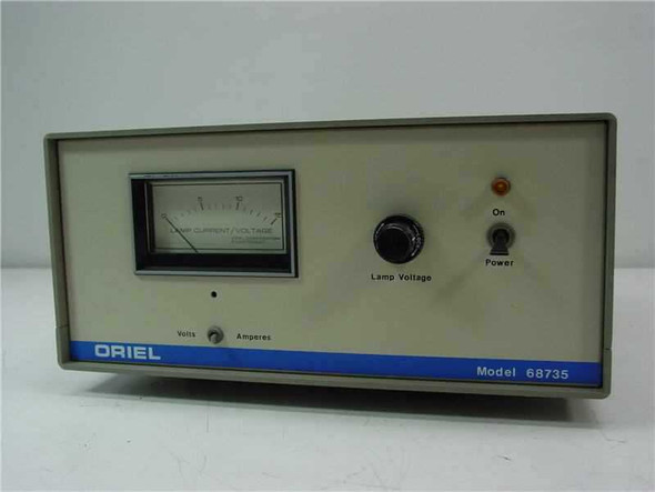 Oriel 68735 DC Regulated Lamp Power Supply – front panel view showing analog Lamp Current/Voltage meter, Lamp Voltage knob, and Power toggle switch