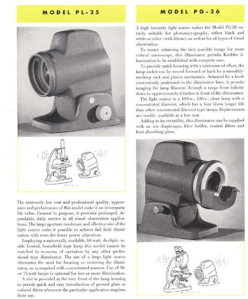 Vintage catalog page showing Bausch & Lomb Model PL-25 and PG-26 illuminators with original product descriptions and specifications