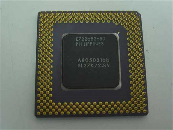 Intel Pentium MMX SL27K CPU — bottom view showing gold PGA pins and A80503166 SL27K/2.8V markings, Philippines manufacture