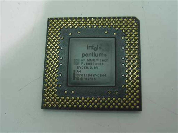 Intel Pentium MMX SY059 FV80503166 166MHz CPU — face-up view showing Intel Pentium w/ MMX tech label, SY059/2.8V markings, and date code C701194W-0844
