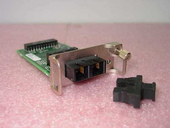 Cabletron EPIM-100FX 100BaseFX SC Ethernet Port Interface Module angled view showing SC fiber port and edge connector with dust cap removed