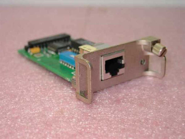 Cabletron 9001149-00 Ethernet module angled view showing RJ45 port and green PCB with metal bracket