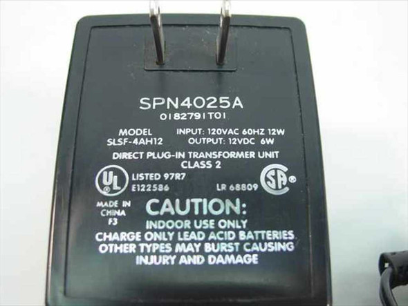 Motorola SPN4025A label showing model SLSF-4AH12, 120VAC input, 12VDC 6W output, UL and CSA listings