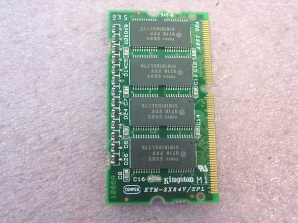 Kingston KTM-2X64V/SPL SO-DIMM module — rear view showing four Samsung memory chips and gold edge connector contacts