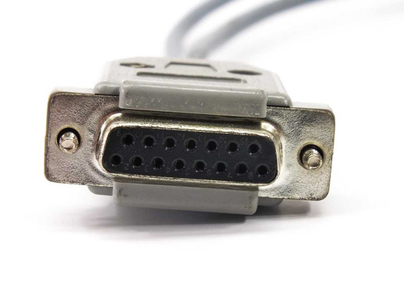 Close-up of DB15 female connector end of Y-splitter adapter cable — 15-pin socket detail