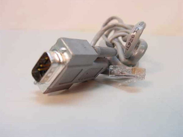 RJ45 to DB9 serial console cable showing DB9 male connector end and RJ45 plug, full cable view