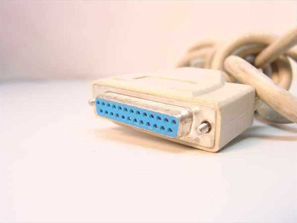 Close-up of DB25 25-pin female connector end with blue pin insert on null modem serial cable